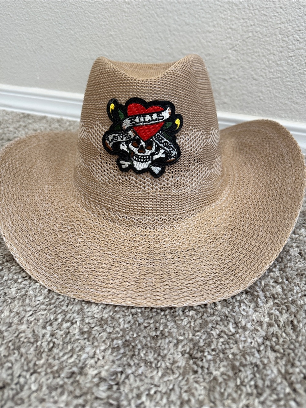 Ed Hardy straw Cowboy Hat with Skull & Heart Patch - Beige